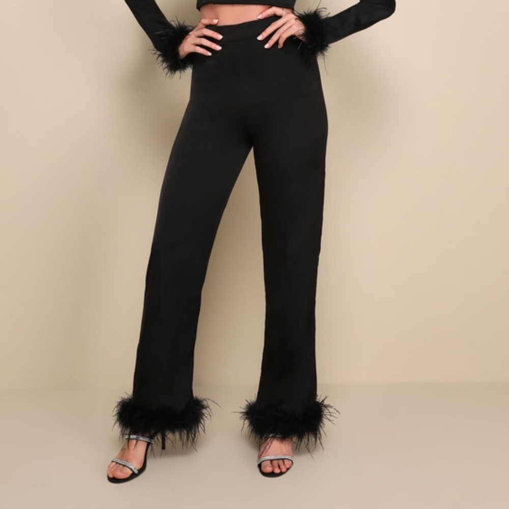 Lulus Premium Aura Black Satin High-rise Wide-leg Feather Pants - Size L